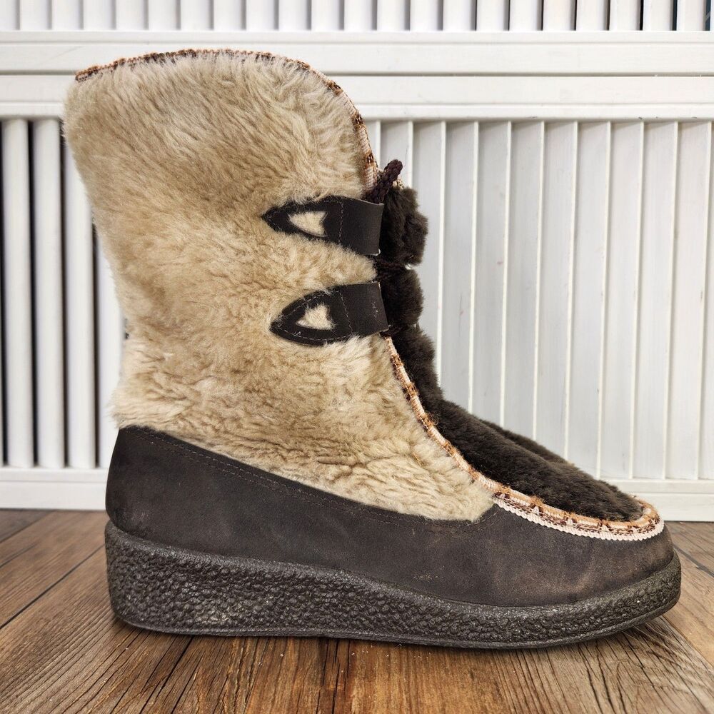 VTG Snowland Boots Womens Sz 8 Brown Suede Sherpa Faux Fur Apres Ski Snow Boots